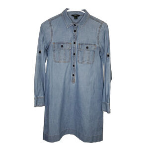 J. Crew Women's Shirt Dress XS Blue Tunic Roll Tab Sleeve Chambray